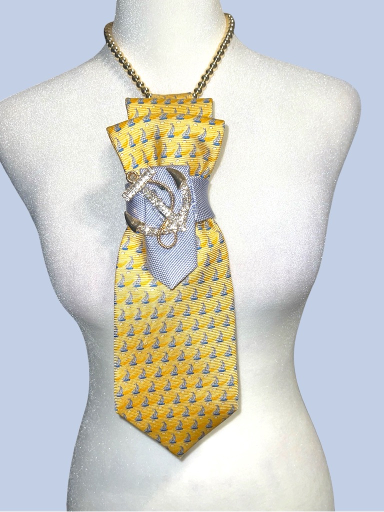 Womens Yellow Nautical Pattern Necktie Necklace With Blue Accent And Brooch